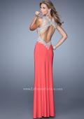 Picture of: Sheer Halter Prom Dress with Metallic Embroidery in Coral, Style: 21255, Back Picture