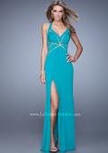 Picture of: Halter Long Jersey Prom Dress with Sheet Cut Outs in Peacock, Style: 21282, Detail Picture 2