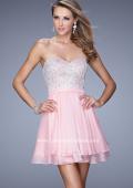 Picture of: Chiffon Cocktail Dress with Tiered Skirt and Lace Overlay in Pink, Style: 21284, Detail Picture 1