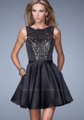 Picture of: Satin Cocktail Dress with Embroidered Overlay and Pockets in Black, Style: 21297, Main Picture