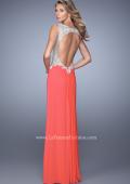 Picture of: Embroidered Long Jersey Prom Dress with Gathered Bodice in Coral, Style: 21301, Detail Picture 3