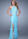 Picture of: Halter Lace Prom Dress with Low Scooped Back in Blue, Style: 21314, Detail Picture 1