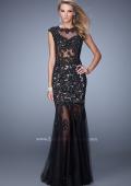 Picture of: Long Gown with Sheer Neck, Tulle Skirt, and Cap Sleeves in Black, Style: 21318, Main Picture
