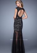 Picture of: Long Gown with Sheer Neck, Tulle Skirt, and Cap Sleeves in Black, Style: 21318, Back Picture