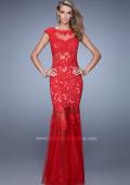 Picture of: Long Gown with Sheer Neck, Tulle Skirt, and Cap Sleeves in Red, Style: 21318, Detail Picture 1