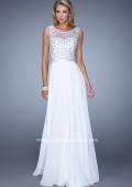 Picture of: Beaded Bodice Chiffon Prom Dress with Satin Belt in White, Style: 21322, Detail Picture 1