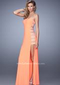 Picture of: Side Slit Jersey Prom Dress with Stones and Sheer Netting in Neon Coral, Style: 21338, Detail Picture 1