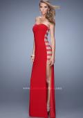 Picture of: Side Slit Jersey Prom Dress with Stones and Sheer Netting in Red, Style: 21338, Detail Picture 3