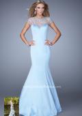 Picture of: Satin Mermaid Dress with Sheer Neck and Cap Sleeves in Blue, Style: 21345, Main Picture