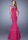 Picture of: Satin Mermaid Dress with Sheer Neck and Cap Sleeves in Hot Pink, Style: 21345, Detail Picture 2