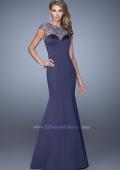 Picture of: Satin Mermaid Dress with Sheer Neck and Cap Sleeves in Navy, Style: 21345, Detail Picture 3