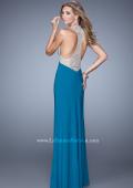 Picture of: Jersey Prom Dress with Embroidered Halter Straps in Teal, Style: 21362, Detail Picture 1