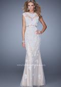 Picture of: Long Cap Sleeve Prom Dress with Lace Appliques and Stones in Nude, Style: 21371, Main Picture
