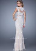 Picture of: Long Cap Sleeve Prom Dress with Lace Appliques and Stones in Nude, Style: 21371, Back Picture