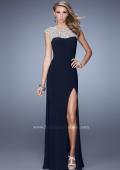 Picture of: Jersey Prom Dress with Sheer Detail and Side Leg Slit in Navy, Style: 21467, Main Picture