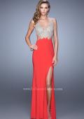 Picture of: Sheer Bodice Prom Dress with V Neck and Side Cut Outs in Orange, Style: 21469, Detail Picture 2