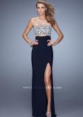 Picture of: Embroidered Strapless Prom Dress with Side Leg Slit in Navy, Style: 21476, Main Picture