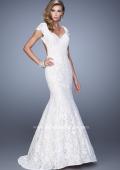 Picture of: Lace Mermaid Gown with Cap Sleeves and Open Back in White, Style: 21509, Detail Picture 2