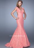 Picture of: Lace Mermaid Gown with Cap Sleeves and Open Back in Coral, Style: 21509, Detail Picture 4