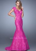 Picture of: Lace Mermaid Gown with Cap Sleeves and Open Back in Pink, Style: 21509, Detail Picture 5