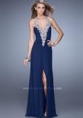 Picture of: Halter Prom Dress with Gathered Bodice and Center Slit in Navy, Style: 21513, Main Picture