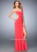 Picture of: Glam Jersey Prom Dress with Front Slit and Lace in Orange, Style: 21518, Main Picture