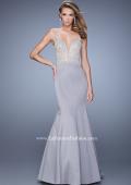 Picture of: Satin Mermaid Dress with V Neck and Metallic Detail in Silver, Style: 21522, Main Picture