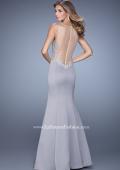 Picture of: Satin Mermaid Dress with V Neck and Metallic Detail in Silver, Style: 21522, Back Picture
