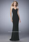 Picture of: Long Jersey Prom Dress with Lace Applique Sleeves in Black, Style: 21529, Detail Picture 1