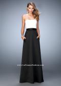 Picture of: Long Satin Prom Gown with Pockets and Belted Waist in Black and White, Style: 21555, Main Picture