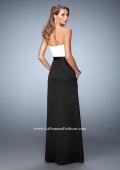 Picture of: Long Satin Prom Gown with Pockets and Belted Waist in Black and White, Style: 21555, Back Picture