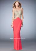 Picture of: Jersey Dress with Illusion Bodice, Train, and Rhinestones in Coral, Style: 21558, Detail Picture 1