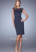 Picture of: Stretch Satin Dress with Intricate Lace Detailing in Navy, Style: 21619, Detail Picture 1