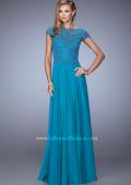 Picture of: Chiffon Dress with Lace Bodice and Cap Sleeves in Teal, Style: 21627, Detail Picture 2