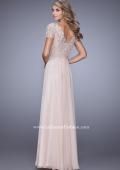 Picture of: Short Sleeve Evening Dress with Lace Overlay Bodice in Pink, Style: 21632, Back Picture