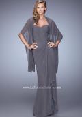 Picture of: Form Fitting Jersey Dress with Knot Detail and Ruffles in Gray, Style: 21645, Detail Picture 1
