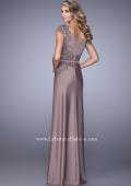 Picture of: V Neck Evening Dress with Cap Sleeves and Thin Belt in Cocoa, Style: 21652, Back Picture