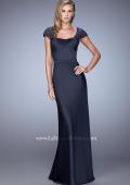 Picture of: Embroidered Sleeves Evening Dress with Belt Detail in Navy, Style: 21654, Detail Picture 1