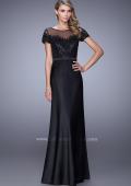 Picture of: Lace Trim Evening Dress with Sheer Back and Thin Belt in Black, Style: 21662, Detail Picture 1
