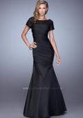 Picture of: Sheer Short Sleeve Satin Dress with Scoop Neckline in Black, Style: 21670, Main Picture