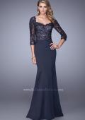 Picture of: Satin Mermaid Dress with Beading and 3/4 Sleeves in Blue, Style: 21673, Main Picture