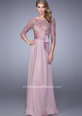 Picture of: 3/4 Sleeve Satin Evening Dress with Beaded Lace Bodice in Pink, Style: 21676, Main Picture