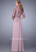 Picture of: 3/4 Sleeve Satin Evening Dress with Beaded Lace Bodice in Pink, Style: 21676, Back Picture
