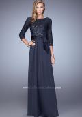 Picture of: 3/4 Sleeve Satin Evening Dress with Beaded Lace Bodice in Blue, Style: 21676, Detail Picture 1