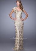 Picture of: Metallic Lace Gown with Cap Sleeves and Satin Belt in Gold, Style: 21680, Main Picture