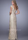 Picture of: Metallic Lace Gown with Cap Sleeves and Satin Belt in Gold, Style: 21680, Back Picture