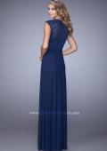 Picture of: Lace Capped Sleeve Dress with Sheer Detailing in Blue, Style: 21685, Back Picture