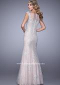 Picture of: Dress with Mermaid Skirt and Sheer Beaded Lace Sleeves in Pink, Style: 21699, Back Picture
