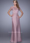 Picture of: Satin Dress with Sheer Sleeves, Belt, and Lace Trim in Pink, Style: 21701, Main Picture