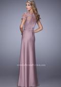 Picture of: Satin Dress with Sheer Sleeves, Belt, and Lace Trim in Pink, Style: 21701, Back Picture